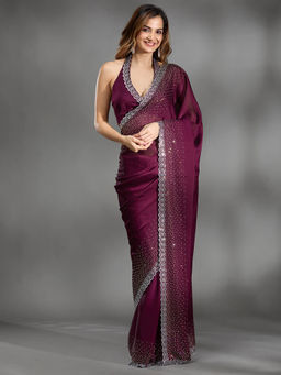 Koskii - Wine Stonework Chiffon Saree with Unstitched Blouse