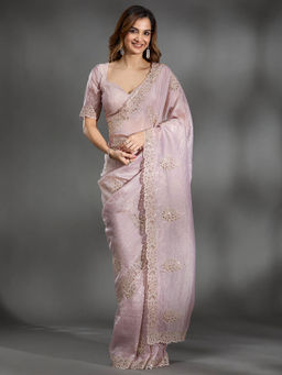 Koskii - Lavender Cutwork Tissue Saree with Unstitched Blouse