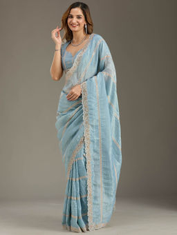 Koskii - Blue Cutwork Tissue Saree with Unstitched Blouse