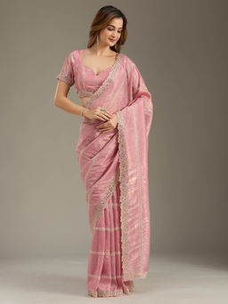 Koskii - Pink Cutwork Tissue Saree with Unstitched Blouse