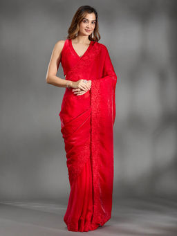 Koskii - Red Thread Work Tissue Saree with Unstitched Blouse
