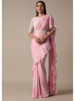 KALKI FASHION - Pink Readymade Frill Saree With Bead Work Stitched Blouse and Belt