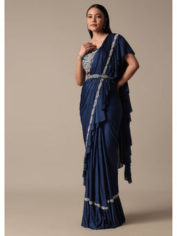 KALKI FASHION - Navy Blue Frill Pre-Drape Saree With Stitched Blouse and Belt