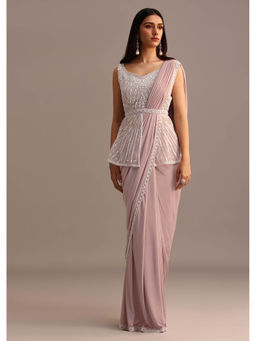 KALKI FASHION - Dusky Pink Pleated Pre-drape Saree With Stitched Blouse and Belt