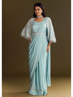 KALKI FASHION - Sky Blue Chinon Pre-Draped Saree With Cape Stitched Blouse And Belt