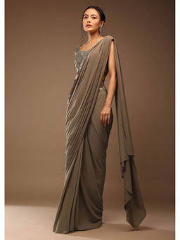 KALKI FASHION - Taupe Solid Pre-Drape Saree with Stitched Blouse