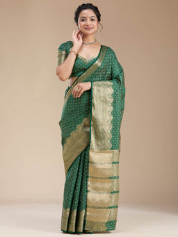 Koskii - Bottle Green Zari Work Tussar Silk Saree with Unstitched Blouse