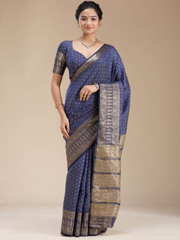 Koskii - Navy Blue Kanjivaram Silk Handloom Saree with Unstitched Blouse