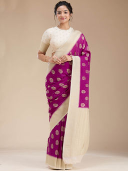 Koskii - Purple Zari Work Georgette Silk Saree with Unstitched Blouse
