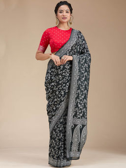 Koskii - Black Zari Work Georgette Handloom Saree with Unstitched Blouse