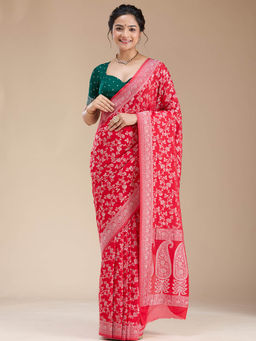 Koskii - Red Zari Work Georgette Silk Saree with Unstitched Blouse
