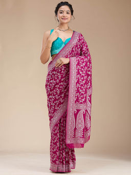 Koskii - Wine Zari Work Georgette Silk Saree with Unstitched Blouse