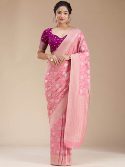 Koskii - Pink Zari work Georgette Silk Saree with Unstitched Blouse