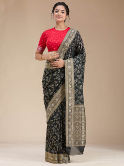 Koskii - Black Zari work Georgette Silk Handloom Saree with Unstitched Blouse