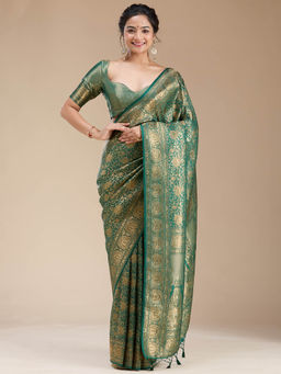 Koskii - Bottle Green Banarasi Silk Handloom Saree with Unstitched Blouse