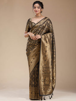 Koskii - Black Banarasi Silk Handloom Saree with Unstitched Blouse