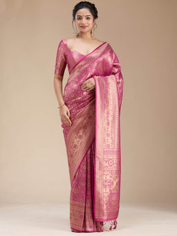 Koskii - Rani Pink Banarasi Silk Handloom Saree with Unstitched Blouse