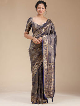 Koskii - Navy Blue Banarasi Silk Handloom Saree with Unstitched Blouse