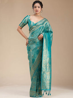 Koskii - Peacock Blue Banarasi Silk Handloom Saree with Unstitched Blouse