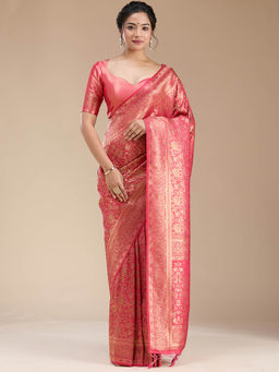 Koskii - Pink Banarasi Silk Handloom Saree with Unstitched Blouse