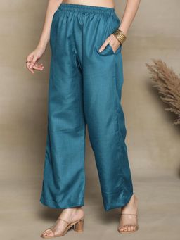 LetsDressUp - Women Teal Velvet Solid Palazzo