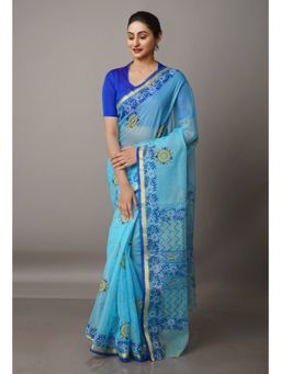 Unnati Silks - Sky Blue Pure Block Printed Kota Cotton Saree with Unstitched Blouse