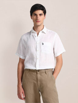 U.S. POLO ASSN. - Regular Fit Linen Casual Shirt Half Sleeves White