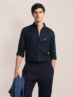 U.S. POLO ASSN. - Regular Fit Linen Casual Shirt Full Sleeves Navy Blue