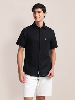 U.S. POLO ASSN. - Regular Fit Linen Casual Shirt Half Sleeves Black