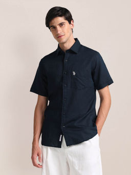 U.S. POLO ASSN. - Regular Fit Linen Casual Shirt Half Sleeves Navy Blue
