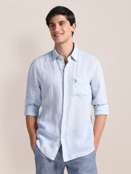 U.S. POLO ASSN. - Regular Fit Linen Casual Shirt Full Sleeves Blue