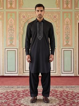 Jompers - Premium Japanese Embroidery Pathani Black Kurta with Salwar