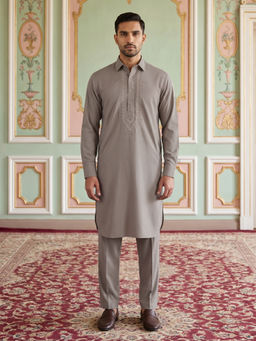 Jompers - Premium Japanese Embroidery Pathani Grey Kurta with Salwar