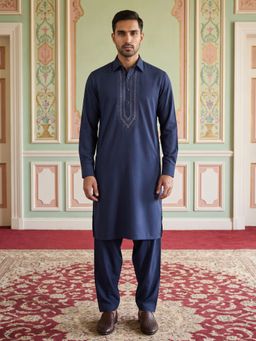 Jompers - Premium Japanese Embroidery Pathani Navy Blue Kurta with Salwar