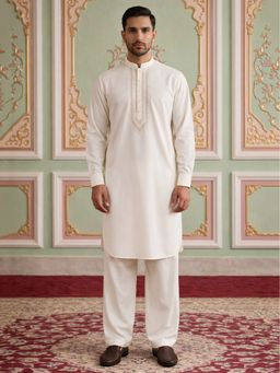 Jompers - Premium Japanese Embroidery Pathani White Kurta with Salwar