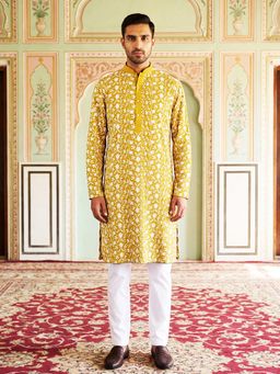 Jompers - Floral Embroidered Viscose Rayon Mustard Kurta with Pyjama
