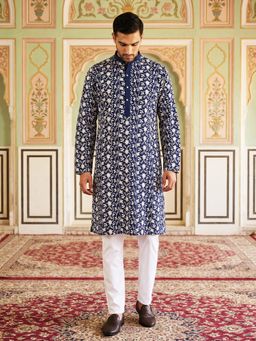 Jompers - Floral Embroidered Viscose Rayon Navy Blue Kurta with Pyjama