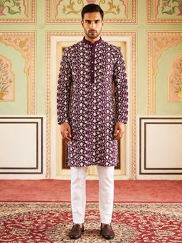 Jompers - Floral Embroidered Viscose Rayon Purple Kurta with Pyjama