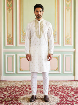Jompers - Men’S Cotton Blend Embroidered White Kurta with Pyjama