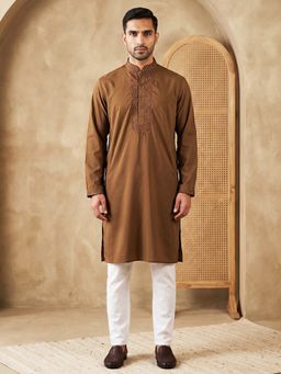 Jompers - Men’S Imported Japanese Embroidered Brown Kurta with Pyjama