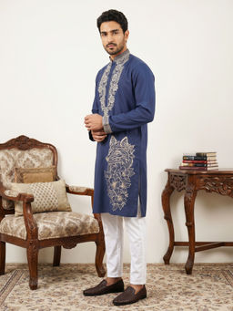 Jompers - Navy Blue Japanese Embroidered Kurta with Pyjama