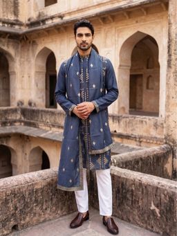 Jompers - Men’S Embroidered Navy Blue Kurta and Pyjama with Dupatta