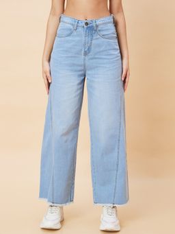 Globus - Women Light Blue Stretchable Mid-Rise Wide Leg Frayed Jeans
