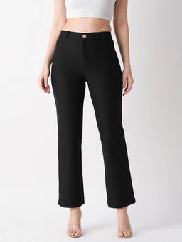 Globus - Women Black Stretchable Mid-Rise Straight Fit Trousers with Belt Loops