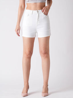 Globus - Women White Stretchable Mid-Rise Slim Fit Denim Shorts