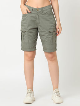 Globus - Womens Grey Stretchable Mid Rise Washed Cargo Shorts