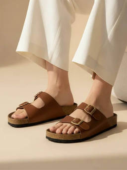 Koblerr - Women Dual-strap slip-on Sandals Tan