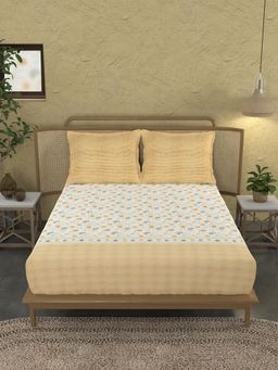 MYTRIDENT - Sanskriti King Bedsheet Set, Cotton, 144 Tc, 1 King Bedsheet, 2 Pillow Covers- Mustard
