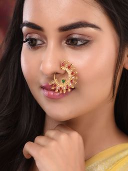 Saraf RS Jewellery - Gold Plated Red Polki Studded Modern Nose Ring