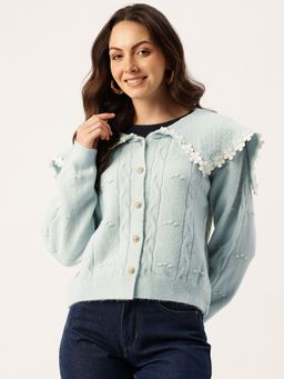 APSLEY - Women Aqua Collar Neck Embroidered Cardigan